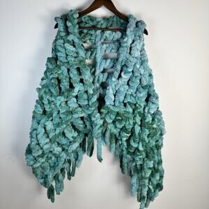 Handmade Chunky Knit Shawl Wrap Scarf Ombre Teal Green Boho Cozy Open Weave Yarn